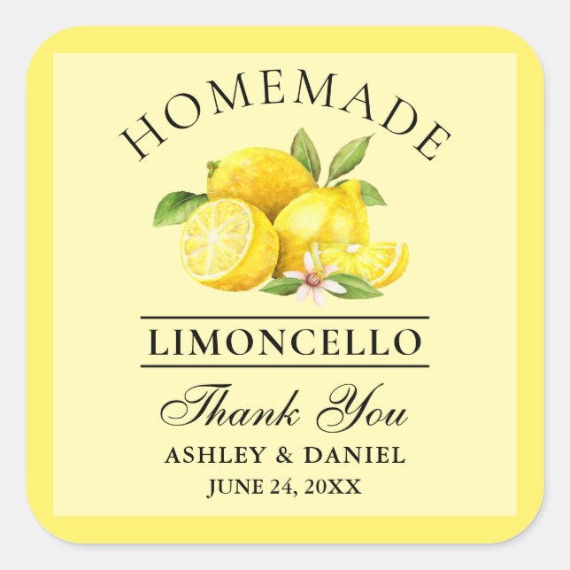Watercolor Lemons Wedding Thanks Limoncello Yellow Square Sticker (Front)