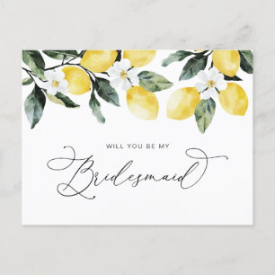watercolor lemons will you be bridesmaid card