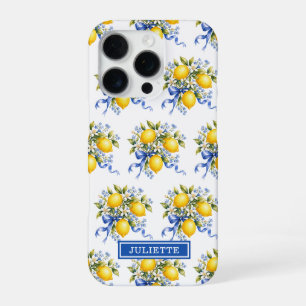 Watercolor Lemons With Blue Flowers Monogrammed iPhone 16 Pro Case