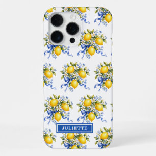 Watercolor Lemons With Blue Flowers Monogrammed iPhone 16 Pro Max Case