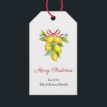 Watercolor Lemons with bow Merry Christmas Gift Tags<br><div class="desc">Add a touch of citrusy mediterranean charm to your holiday gifts with this personalised watercolor gift tag. Featuring a vibrant illustration of lemons tied with a red ribbon, </div>