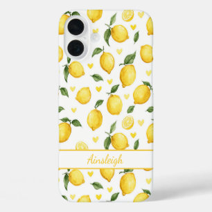 Watercolor Lemons With Hearts Monogrammed iPhone 16 Plus Case