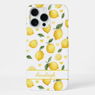Watercolor Lemons With Hearts Monogrammed iPhone 16 Pro Max Case