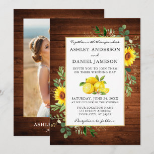 Watercolor Lemons Wood Sunflowers Photo Wedding Invitation
