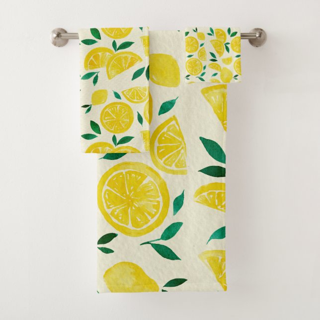 Watercolor lemons - yelllow and green bath towel set (Insitu)