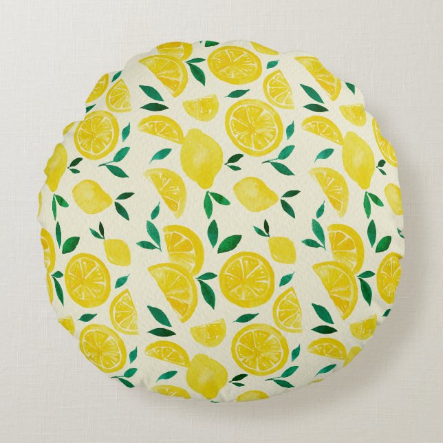 Watercolor lemons - yelllow and green round cushion (Front)