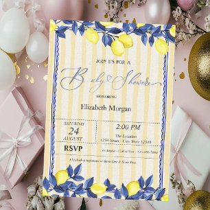 Watercolor Lemons Yellow Stripes Baby Shower  Invitation