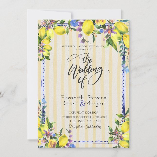 Watercolor Lemons Yellow Stripes Wedding Invitation (Front)
