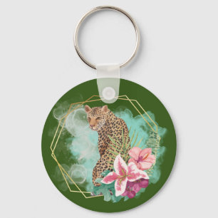 Watercolor Leopard and Tropical Frame Key Ring