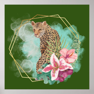 Watercolor Leopard and Tropical Frame  Poster