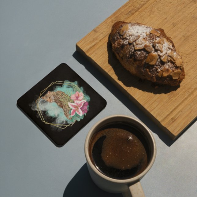 Watercolor Leopard and Tropical Frame  Square Paper Coaster (Creator Uploaded)