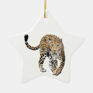 watercolor leopard jungle cat painted animal green ceramic ornament