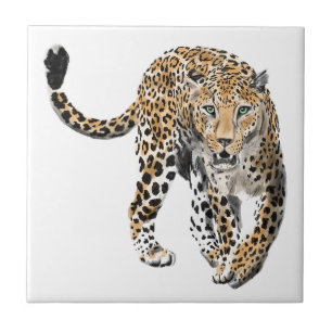 watercolor leopard jungle cat painted animal green ceramic tile