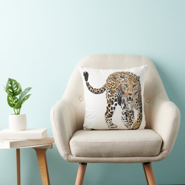watercolor leopard jungle cat painted animal green cushion (Chair)
