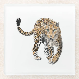 watercolor leopard jungle cat painted animal green glass coaster