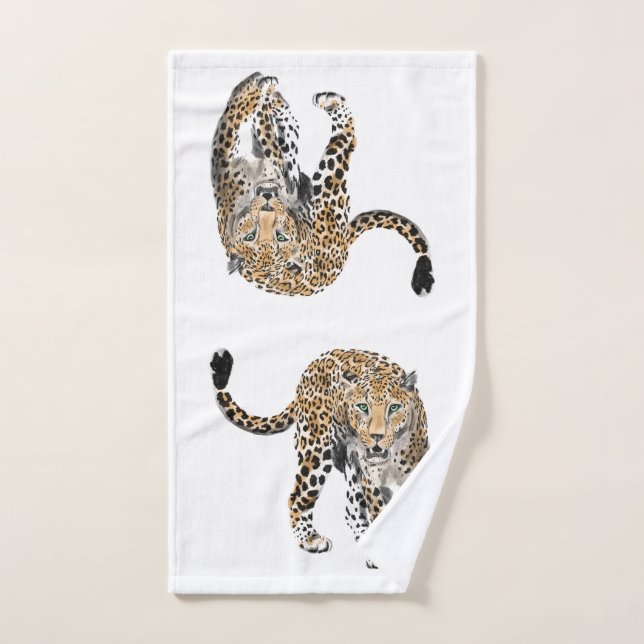 watercolor leopard jungle cat painted animal green hand towel (Hand Towel)
