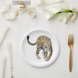 watercolor leopard jungle cat painted animal green paper plate