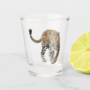 watercolor leopard jungle cat painted animal green shot glass