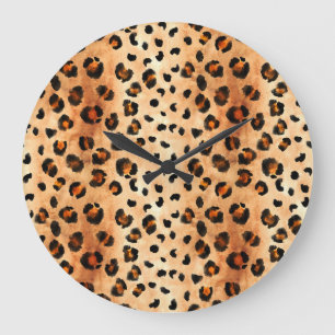 Watercolor Leopard Print: Exotic Fur Texture Large Clock