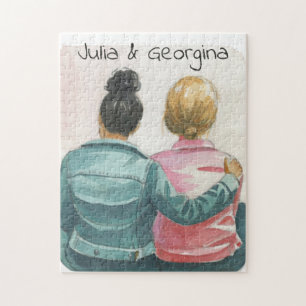 Watercolor Lesbian Couple Personalised Jigsaw Puzzle