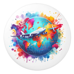 Watercolor Let's travel the world design Ceramic Knob
