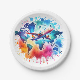 Watercolor Let's travel the world design Paper Plate