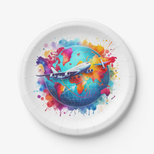 Watercolor Let's travel the world design Paper Plate