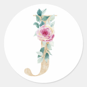 Watercolor letter J with roses Classic Round Sticker
