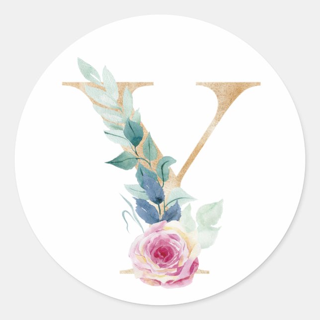 Watercolor letter Y with roses Classic Round Sticker (Front)