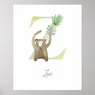 Watercolor letter Z with safari animal for girl or Poster