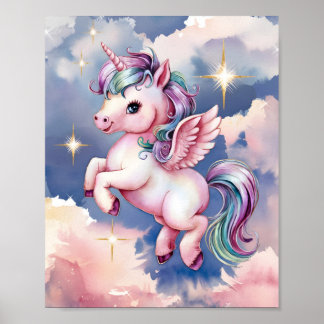 Watercolor Licorne Girl Room Children Poster