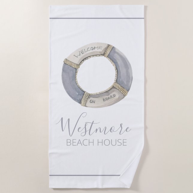 Watercolor Life Preserver Beach House Beach Towel (Front)