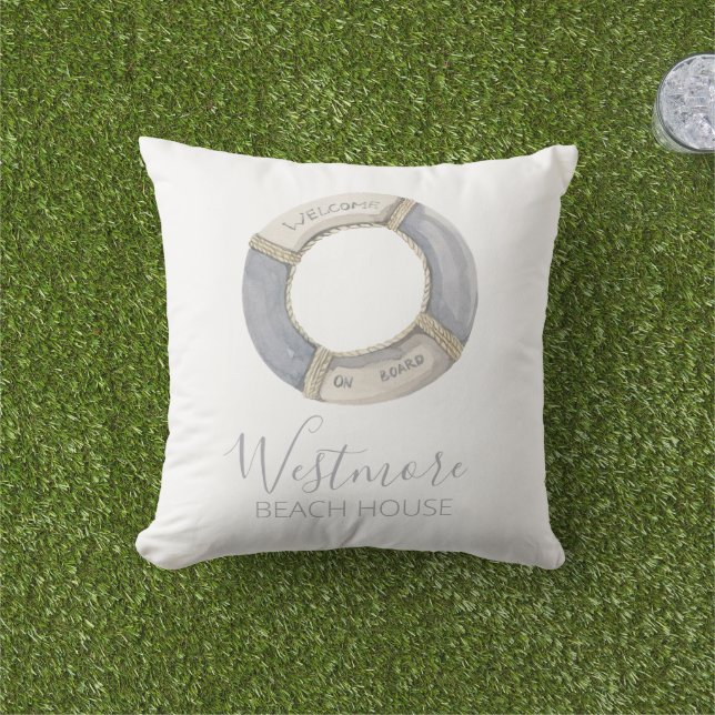 Watercolor Life Preserver Beach House Cushion (Grass)