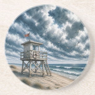 Watercolor Lifeguard Stand on Coastal Beach Coaster