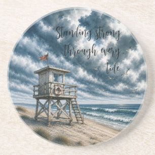 Watercolor Lifeguard Stand on Coastal Beach  Coaster