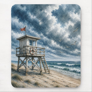 Watercolor Lifeguard Stand on Coastal Beach Mouse Pad