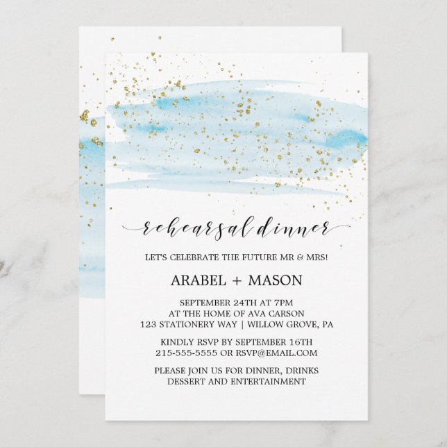 Watercolor Light Blue and Gold Rehearsal Dinner Invitation (Front/Back)