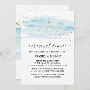 Watercolor Light Blue and Gold Rehearsal Dinner Invitation