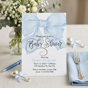 Watercolor Light Blue Bow Baby Shower Invitation
