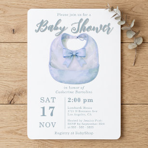 Watercolor Light Blue Bow Bib Boy Baby Shower Invitation