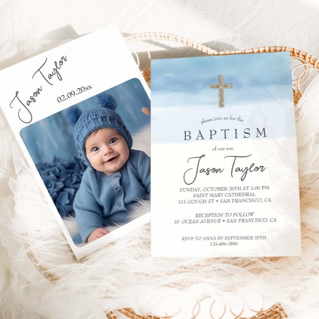 Watercolor Light Blue Boy Baptism Invitation (Creator Uploaded)
