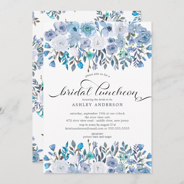 Watercolor Light Blue Floral Bridal Luncheon Invitation (Front/Back)