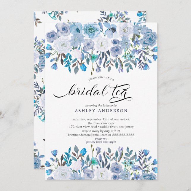 Watercolor Light Blue Floral Bridal Tea Invitation (Front/Back)