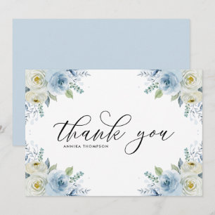 Watercolor Light Blue Flowers Bouquet Wedding Thank You Card