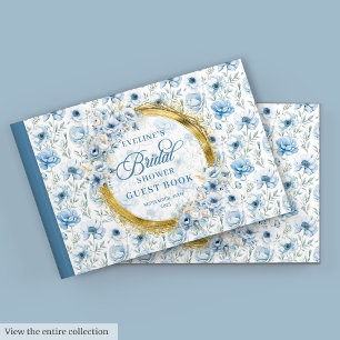 Watercolor Light Blue Gold Flowers Bridal Shower  Guest Book