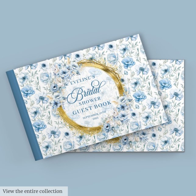 Watercolor Light Blue Gold Flowers Bridal Shower  Guest Book (Watercolor Light Blue Gold Flowers Bridal Shower Guest Book)