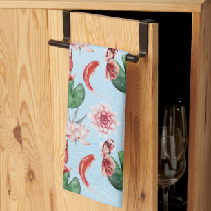 Watercolor Light Blue Koi Fish Pond Kitchen Towel