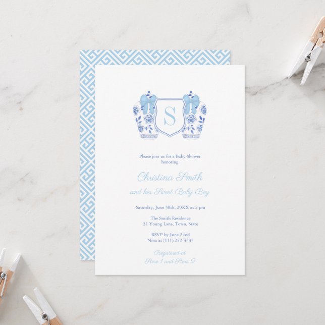 Watercolor Light Blue Monogram Boy Baby Shower Invitation (Front/Back In Situ)