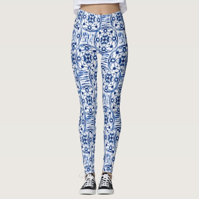 Watercolor Light Dark Blue Shades Pattern design Leggings (Front)