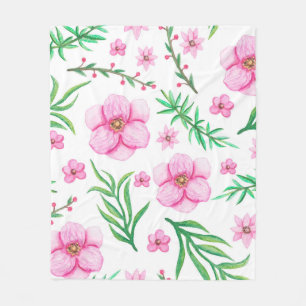 Watercolor Light Pink Flowers, Little Berries and Fleece Blanket